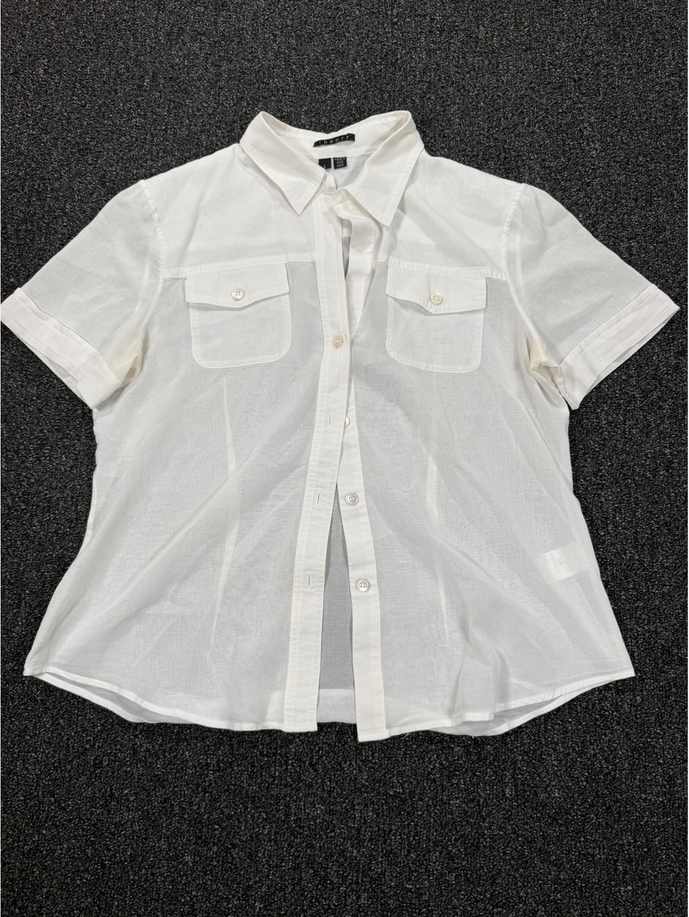 Theory White sheer Short Sleeve Button-Up Blouse Size L